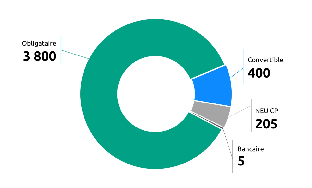 Obligataire : 3800 ; OCEANE : 400 ; NEU CP : 205 ; Bancaire : 5